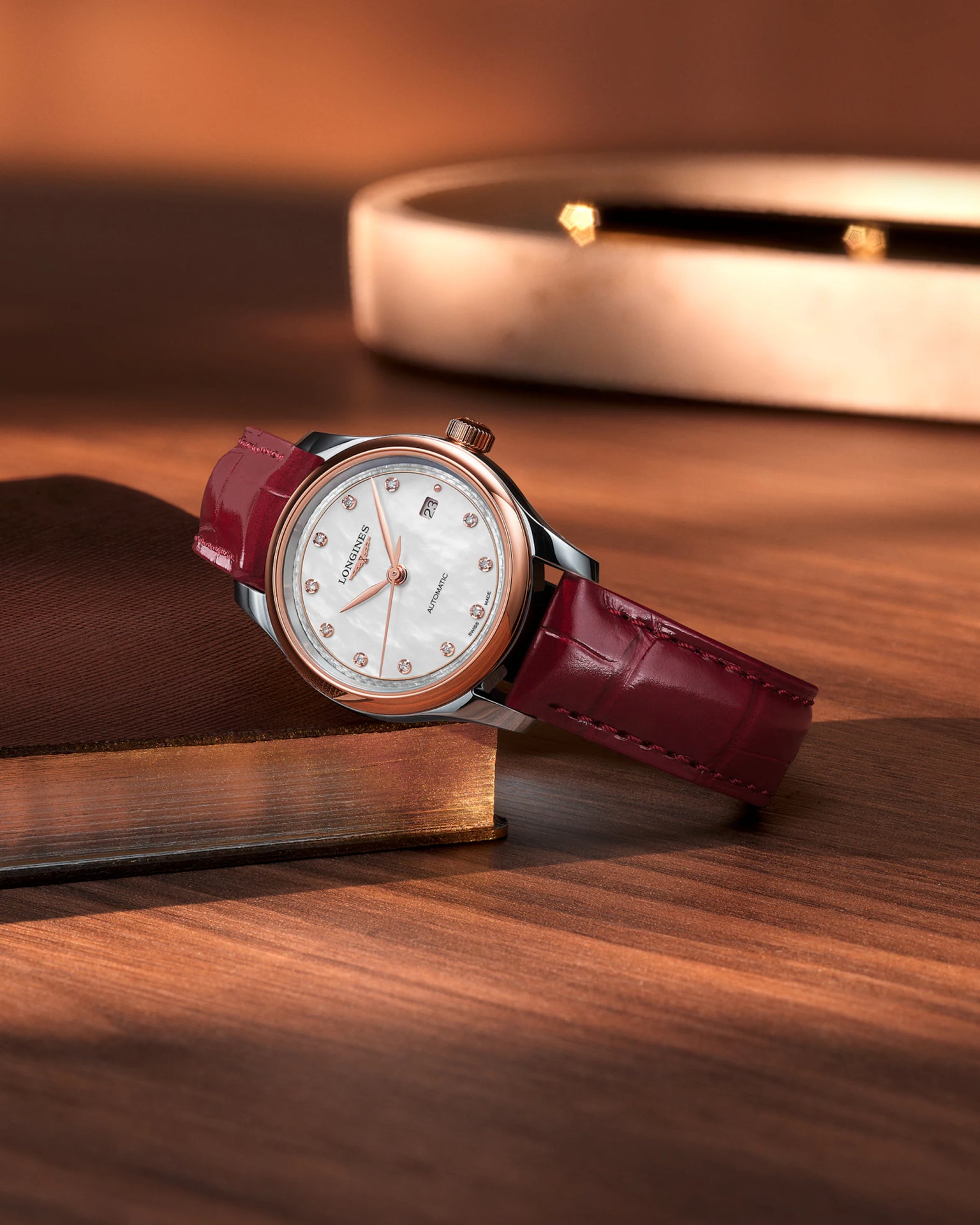 Master | 30mm, Stainless Steel and 18K Rose Gold, White mother-of-pearl Dial, Bordeaux Alligator Leather, Womens Watch