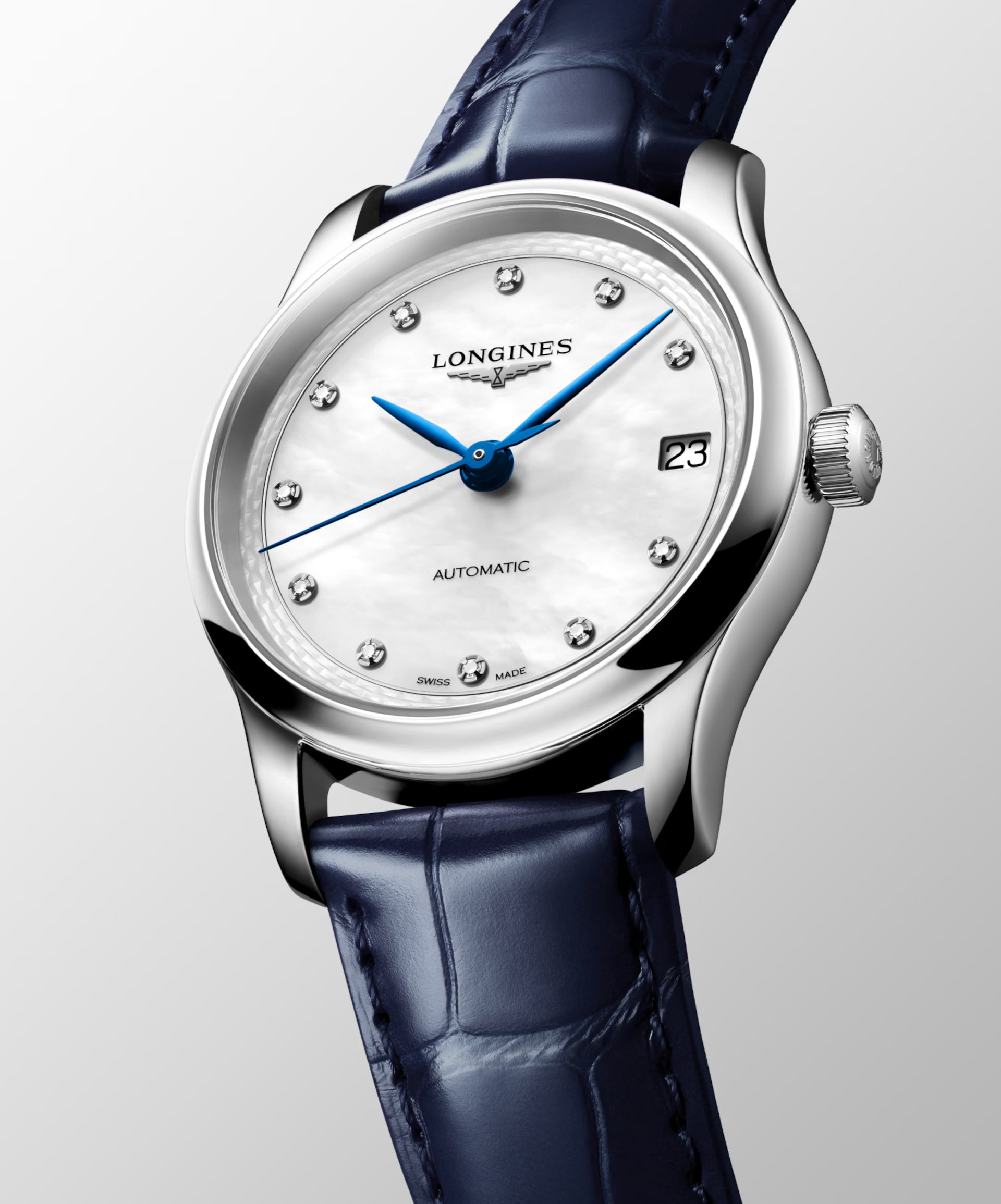 Master | 34mm, Stainless Steel, White mother-of-pearl Dial, Blue Alligator Leather, Womens Watch