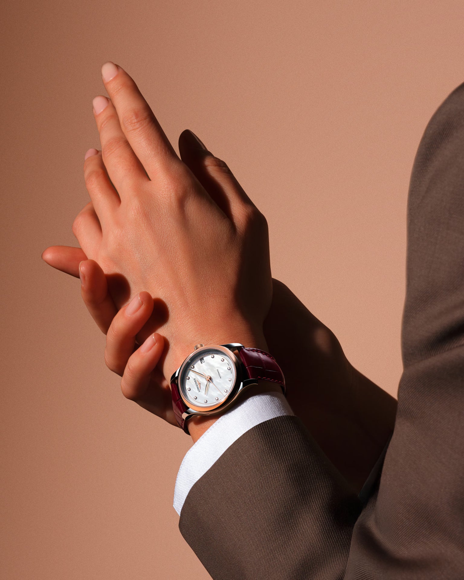 Master | 34mm, Stainless Steel and 18K Rose Gold, White mother-of-pearl Dial, Bordeaux Alligator Leather, Womens Watch