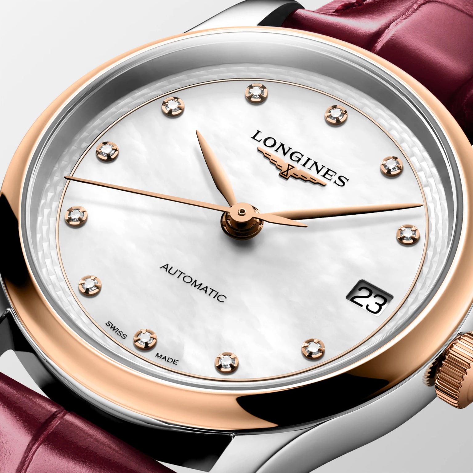 Master | 34mm, Stainless Steel and 18K Rose Gold, White mother-of-pearl Dial, Bordeaux Alligator Leather, Womens Watch