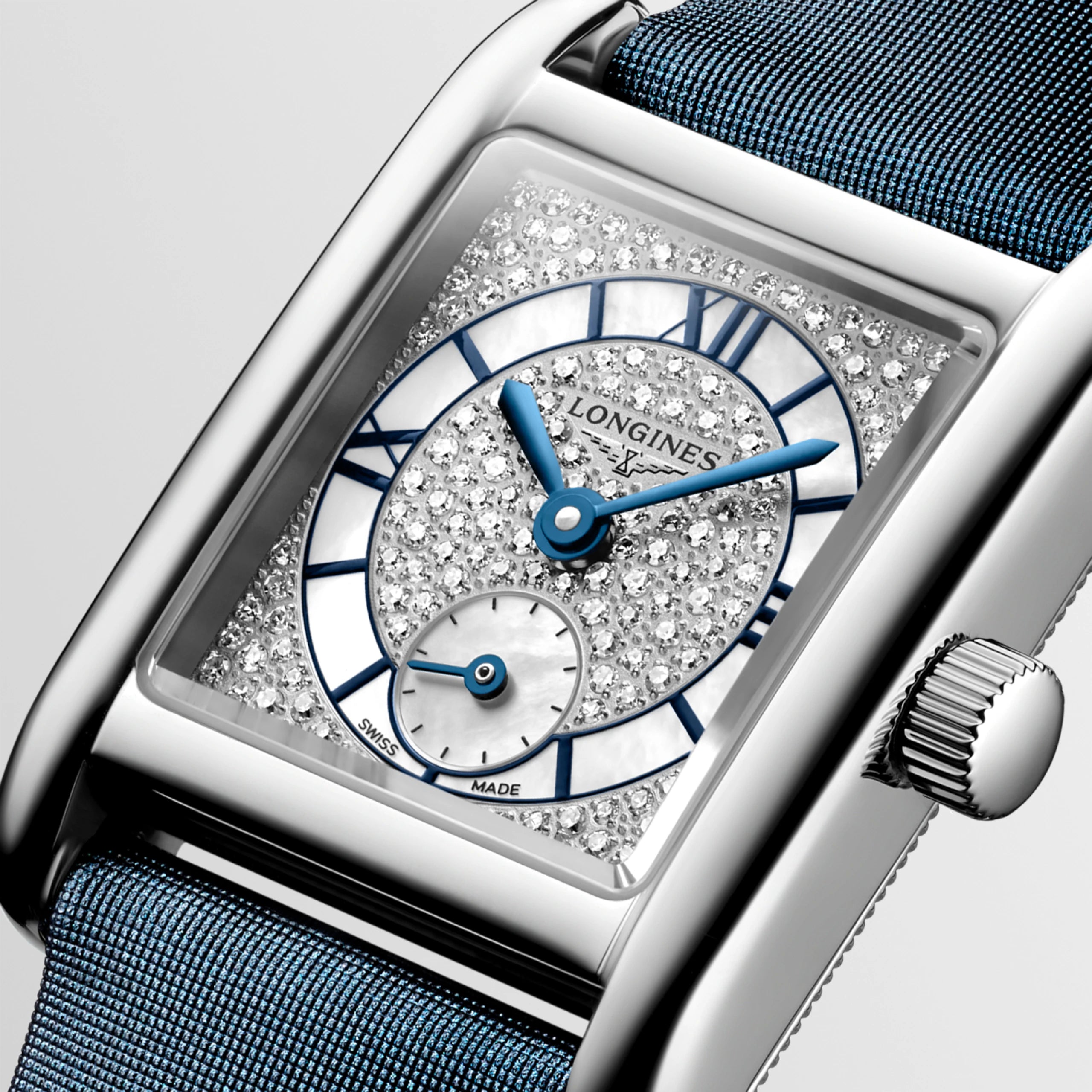 Mini DolceVita | 29mm, Stainless Steel, Snow-set & White mother-of-pearl Dial, Blue Veal Leather Strap, Womens Watch