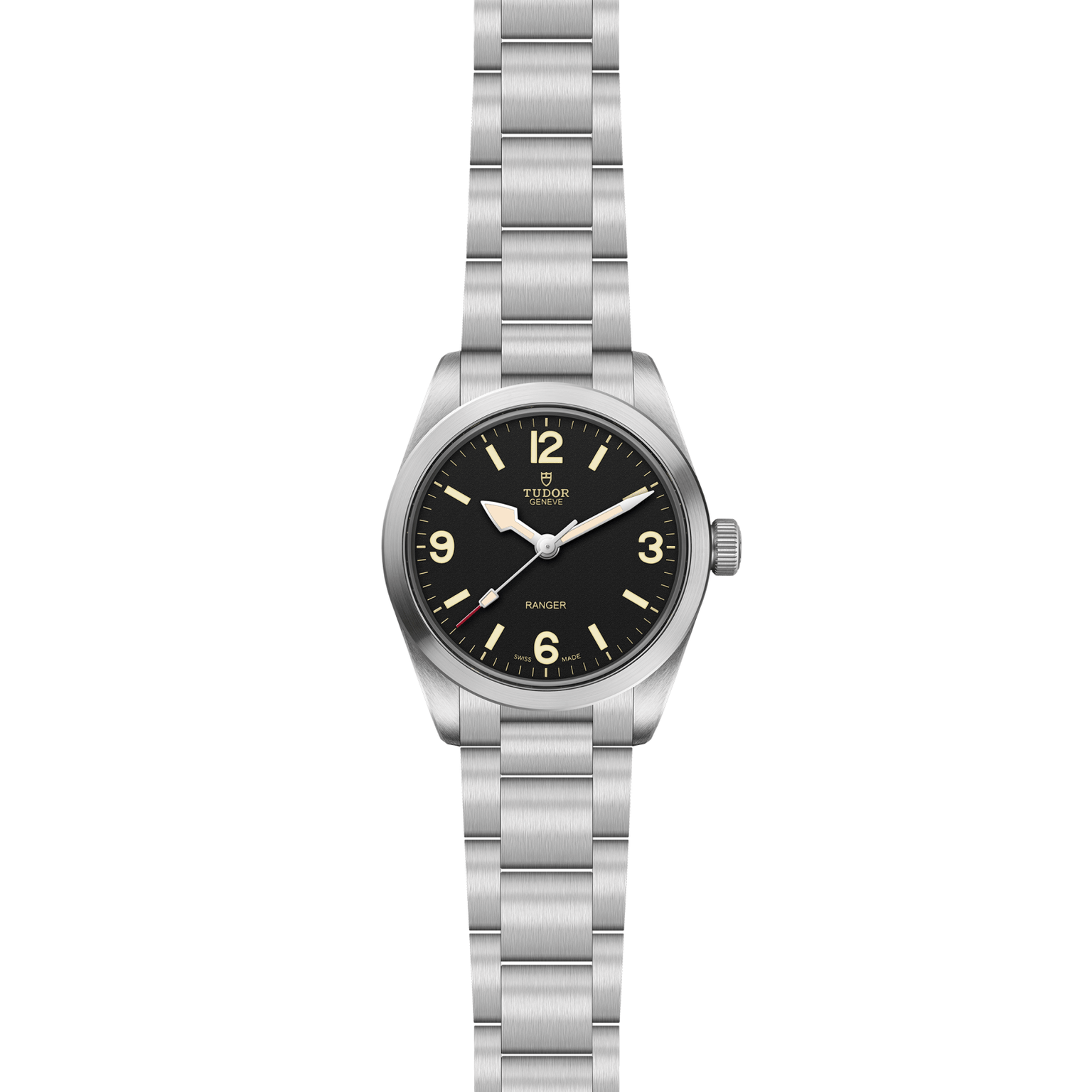 The TUDOR Ranger is a stainless steel expedition watch featuring a black dial with prominent numerals at 3, 6, 9, and 12, luminous hour markers, and a silver metal bracelet. The dial is boldly marked "RANGER.