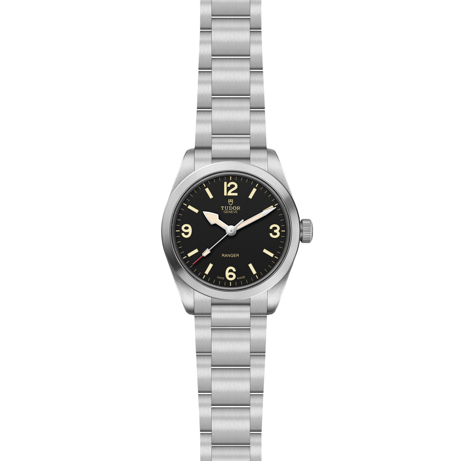 The TUDOR Ranger is a stainless steel expedition watch featuring a black dial with prominent numerals at 3, 6, 9, and 12, luminous hour markers, and a silver metal bracelet. The dial is boldly marked "RANGER.