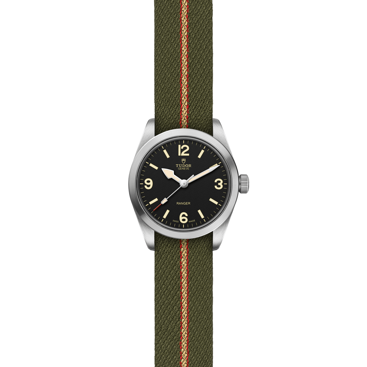The TUDOR Ranger is a stainless steel expedition watch with a black dial, bold luminescent numerals, and simple hour, minute, and second hands. It comes on a green fabric strap featuring a central red and beige stripe.