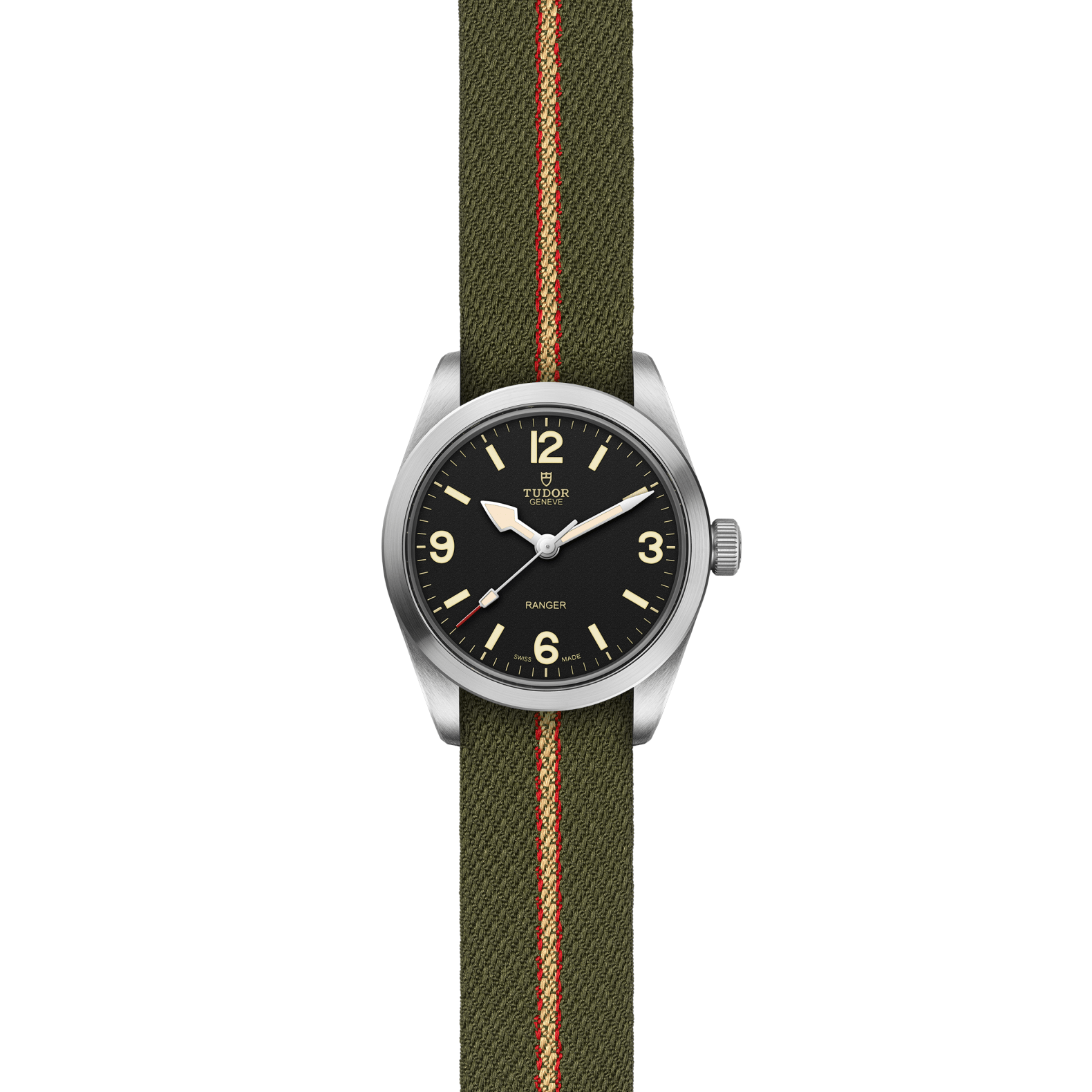 The TUDOR Ranger is a stainless steel expedition watch with a black dial, bold luminescent numerals, and simple hour, minute, and second hands. It comes on a green fabric strap featuring a central red and beige stripe.