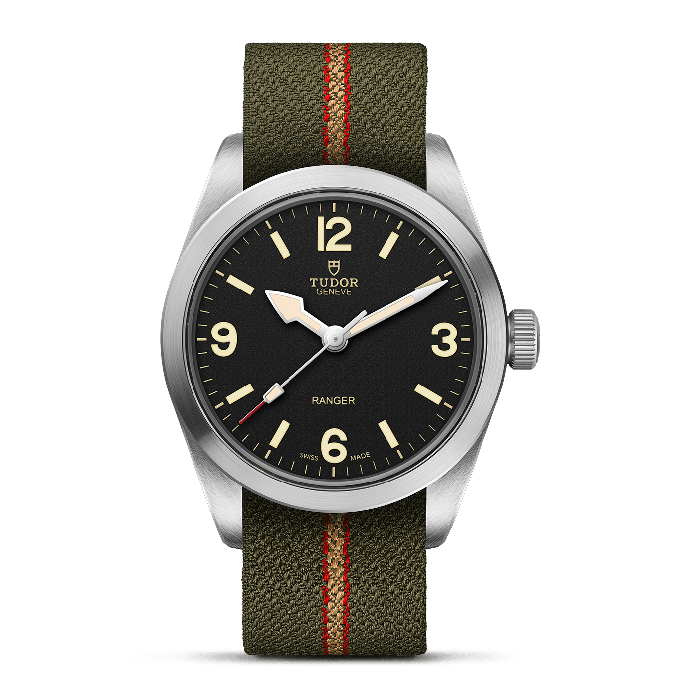 The TUDOR Ranger is an expedition watch with a black dial, large cream numerals and hands, a stainless steel case, and an olive-green fabric strap with a red center stripe.