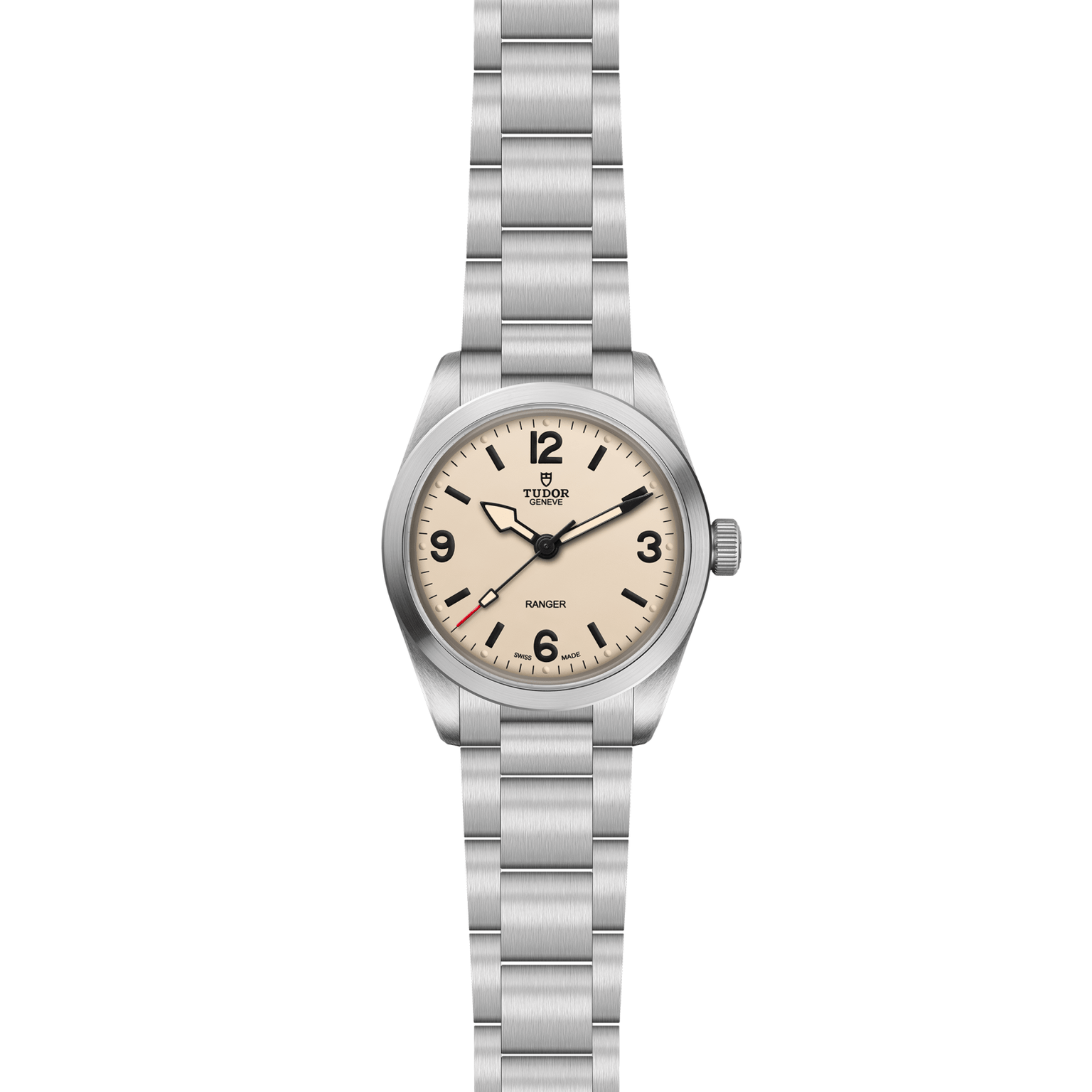 The TUDOR Ranger is a stainless steel expedition watch with a cream dial, black numerals at 3, 6, 9, and 12, silver hour and minute hands, a red-tipped second hand, metal link bracelet, and the Ranger name below 12 o’clock.