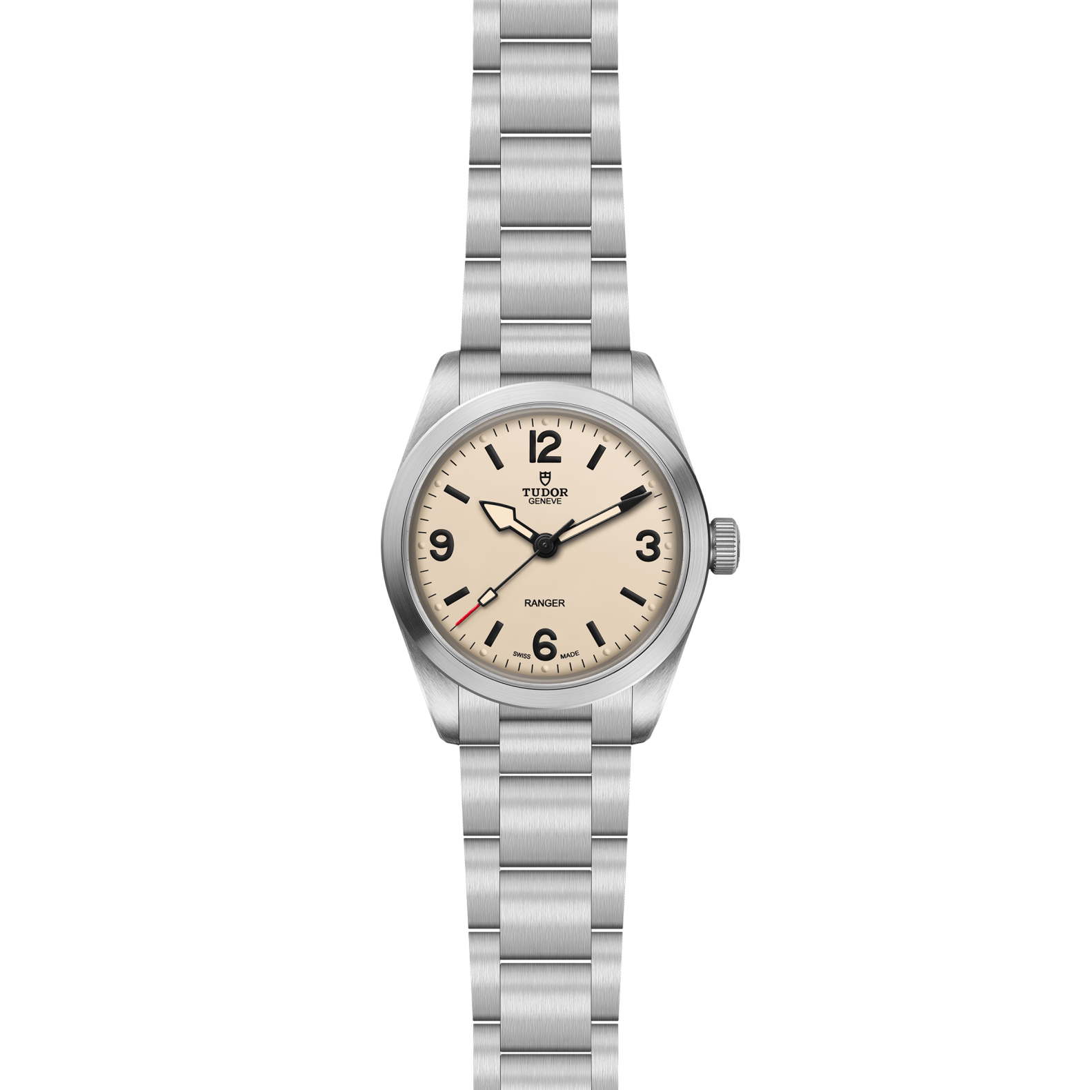 The TUDOR Ranger is a stainless steel expedition watch with a cream dial, black numerals at 3, 6, 9, and 12, silver hour and minute hands, a red-tipped second hand, metal link bracelet, and the Ranger name below 12 o’clock.