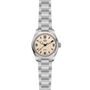 The TUDOR Ranger is a stainless steel expedition watch with a cream dial, black numerals at 3, 6, 9, and 12, silver hour and minute hands, a red-tipped second hand, metal link bracelet, and the Ranger name below 12 o’clock.