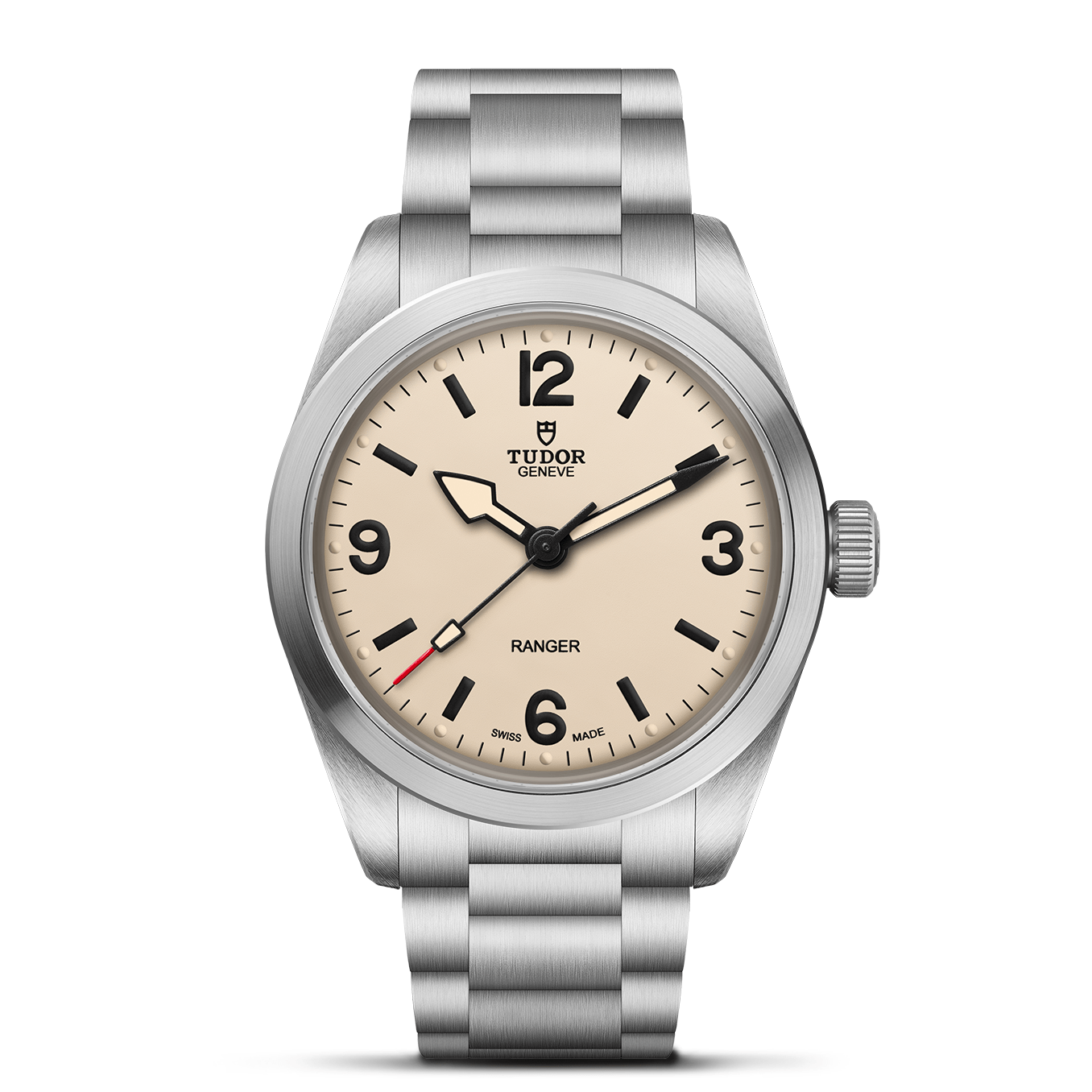 The TUDOR Ranger is an expedition watch featuring a stainless steel case and bracelet, cream dial, black hour markers and hands, large numerals at 3, 6, 9, and 12, plus a bold red-tipped seconds hand.