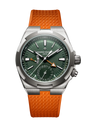 Stainless steel watch with green dial, orange rubber strap, dual time zone subdial, and cardinal point indicator hand.