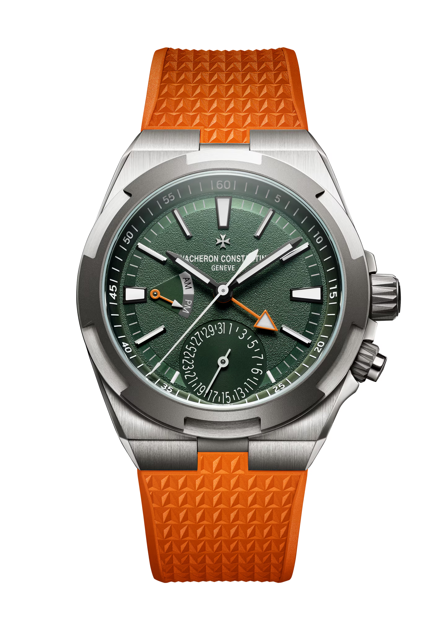 Stainless steel watch with green dial, orange rubber strap, dual time zone subdial, and cardinal point indicator hand.
