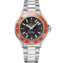 The OMEGA Seamaster Planet Ocean 600M features a black dial, orange bezel, silver hour markers, stainless steel link bracelet, displays 10:10, and has water resistance up to 600m/2000ft.