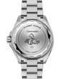 The back of the OMEGA Seamaster Planet Ocean 600M features an engraved seahorse, decorative waves, and text highlighting the model name and 600m/2000ft depth, along with the OMEGA logo on its sturdy stainless steel case and bracelet.