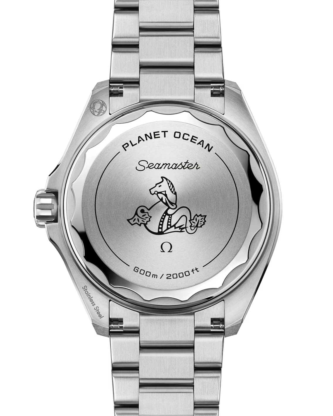 The back of the OMEGA Seamaster Planet Ocean 600M features an engraved seahorse, decorative waves, and text highlighting the model name and 600m/2000ft depth, along with the OMEGA logo on its sturdy stainless steel case and bracelet.