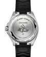 The back of the OMEGA Seamaster Planet Ocean 600M features a seahorse engraving, Omega logo, and “PLANET OCEAN Seamaster 600m / 2000ft” on its stainless steel case with a black strap.