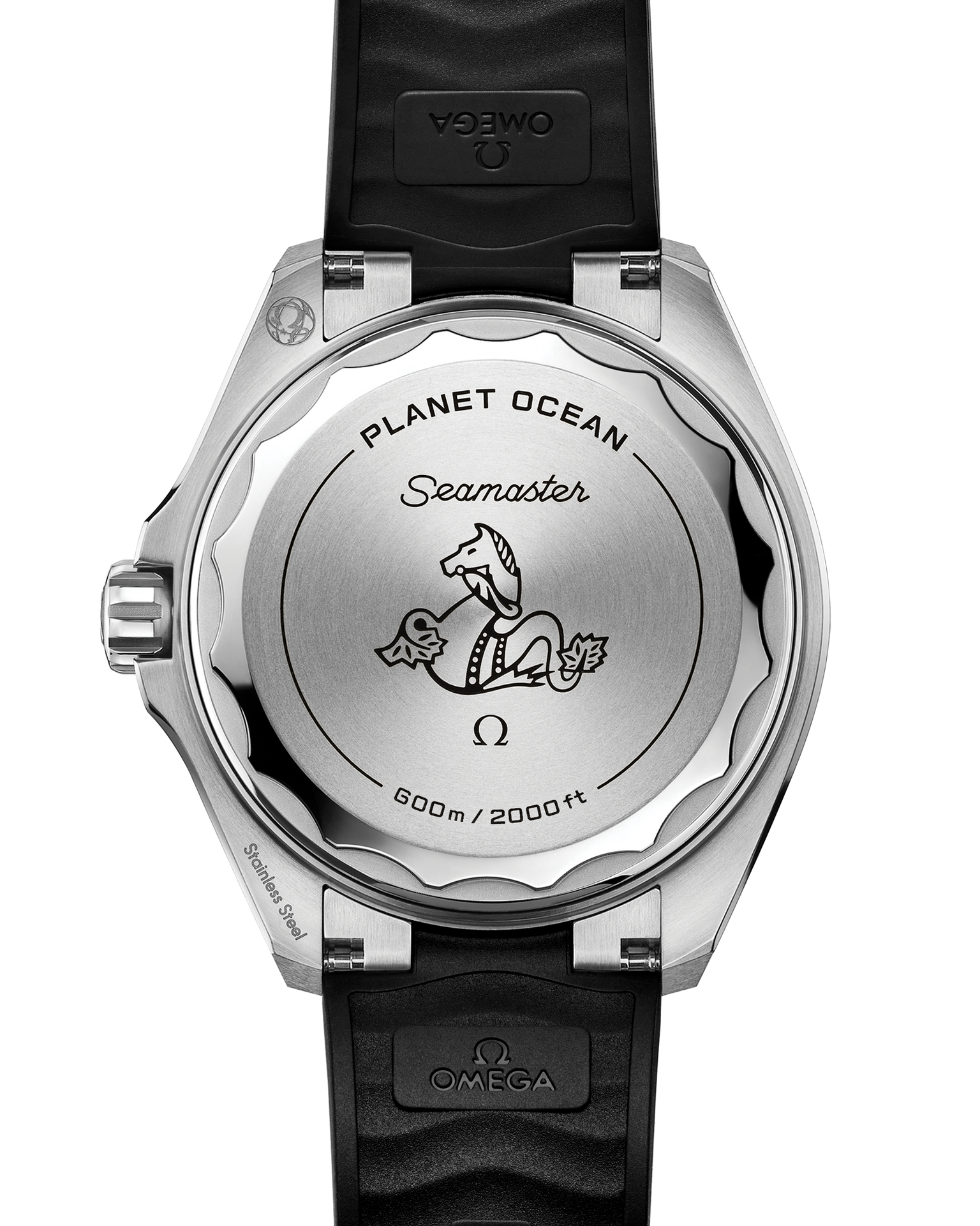 The back of the OMEGA Seamaster Planet Ocean 600M features a seahorse engraving, Omega logo, and “PLANET OCEAN Seamaster 600m / 2000ft” on its stainless steel case with a black strap.
