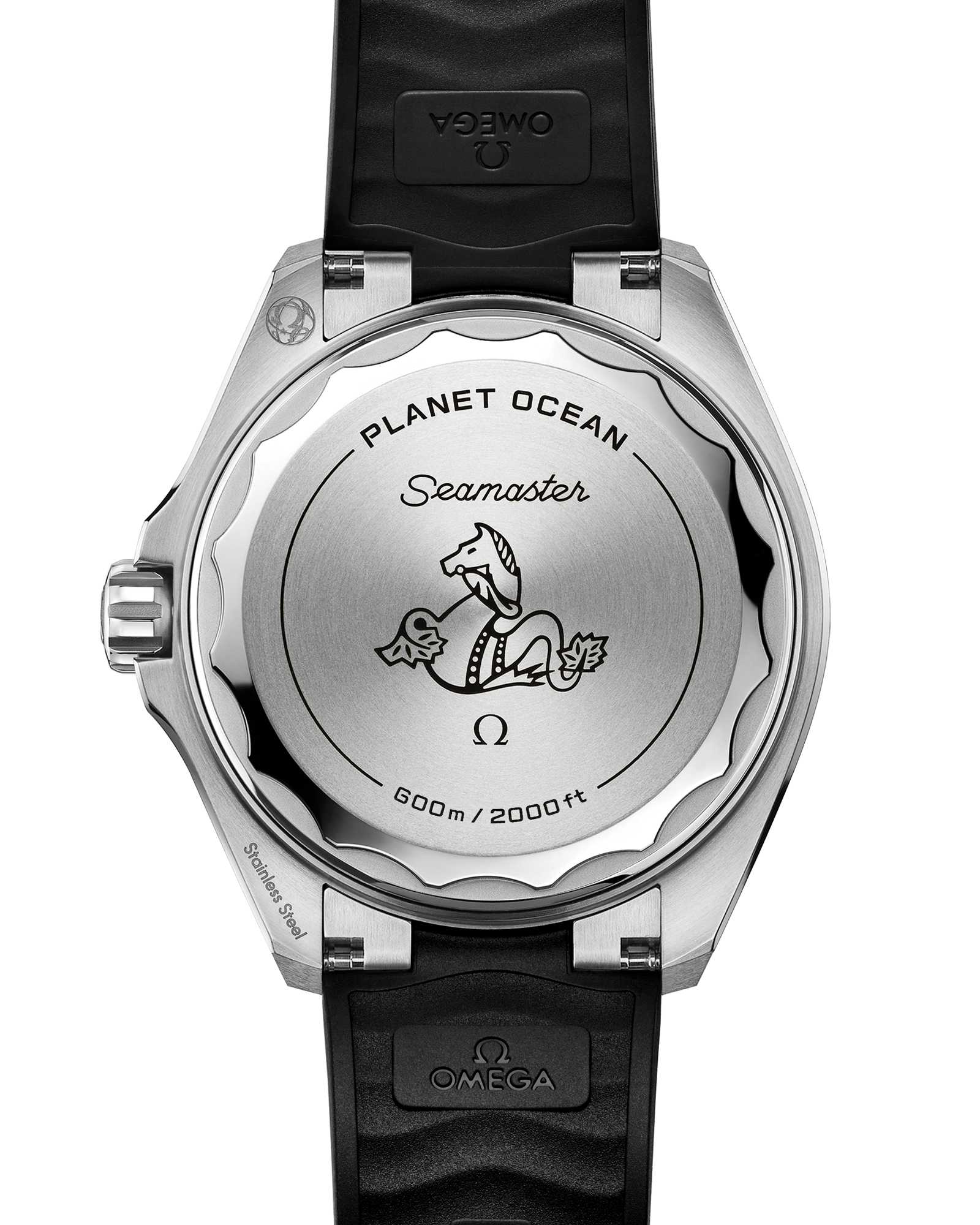 The back of the OMEGA Seamaster Planet Ocean 600M features a seahorse engraving, Omega logo, and “PLANET OCEAN Seamaster 600m / 2000ft” on its stainless steel case with a black strap.