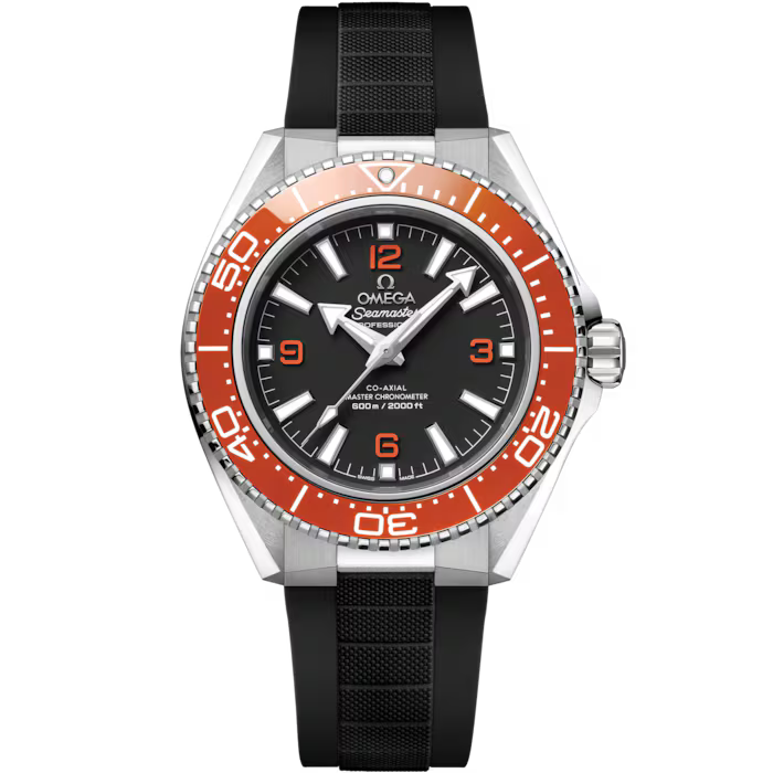 The OMEGA Seamaster Planet Ocean 600M is a luxury dive watch with a black dial, bold white markers, large hands, striking orange bezel, black rubber strap, Seamaster branding, and Co-Axial Master Chronometer certification.