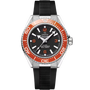 The OMEGA Seamaster Planet Ocean 600M is a luxury dive watch with a black dial, bold white markers, large hands, striking orange bezel, black rubber strap, Seamaster branding, and Co-Axial Master Chronometer certification.