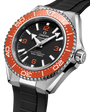 A close-up of the OMEGA Seamaster Planet Ocean 600M dive watch, featuring a black dial, white markers, orange hands and bezel, on a black textured rubber strap. Its stainless steel case showcases the Co-Axial Master Chronometer movement.