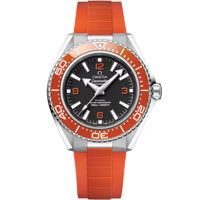 OMEGA Seamaster Planet Ocean 600M dive watch with orange bezel and strap, black dial, silver markers, white hands, Arabic numerals at 6, 9, and 12 o’clock, plus a date window at 3. Co-Axial Master Chronometer certified.