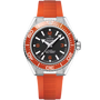 OMEGA Seamaster Planet Ocean 600M dive watch with orange bezel and strap, black dial, silver markers, white hands, Arabic numerals at 6, 9, and 12 o’clock, plus a date window at 3. Co-Axial Master Chronometer certified.