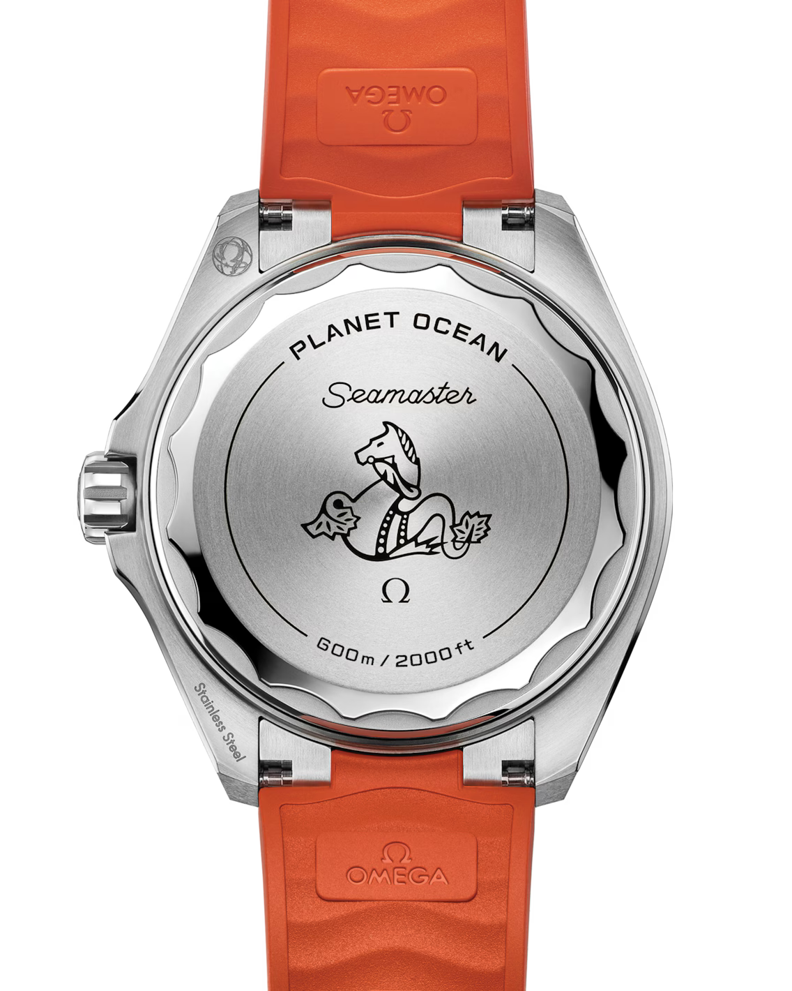 The back of an OMEGA Seamaster Planet Ocean 600M shows engraved text, a seahorse motif, and a 600m/2000ft rating. It features the precision Co-Axial Master Chronometer movement and comes with an orange strap.