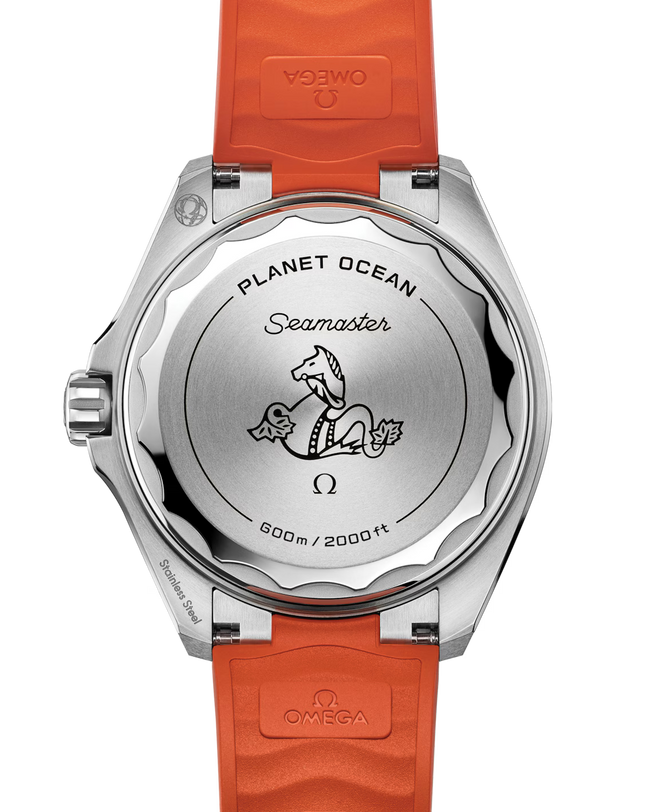 The back of an OMEGA Seamaster Planet Ocean 600M shows engraved text, a seahorse motif, and a 600m/2000ft rating. It features the precision Co-Axial Master Chronometer movement and comes with an orange strap.