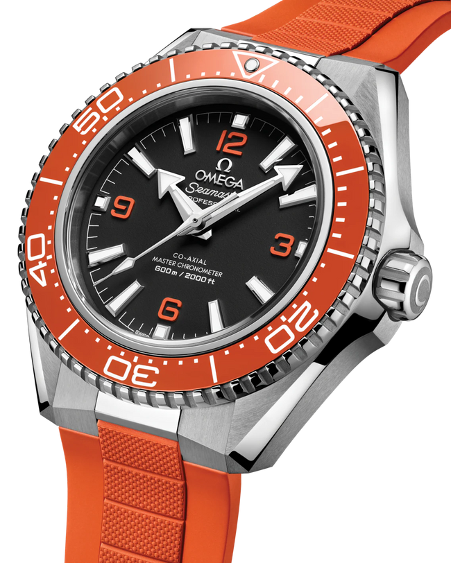 Close-up of the OMEGA Seamaster Planet Ocean 600M with a black dial, white markers, orange accents, and bezel. This Co-Axial Master Chronometer has a matching orange rubber strap and is water-resistant to 600m/2000ft.