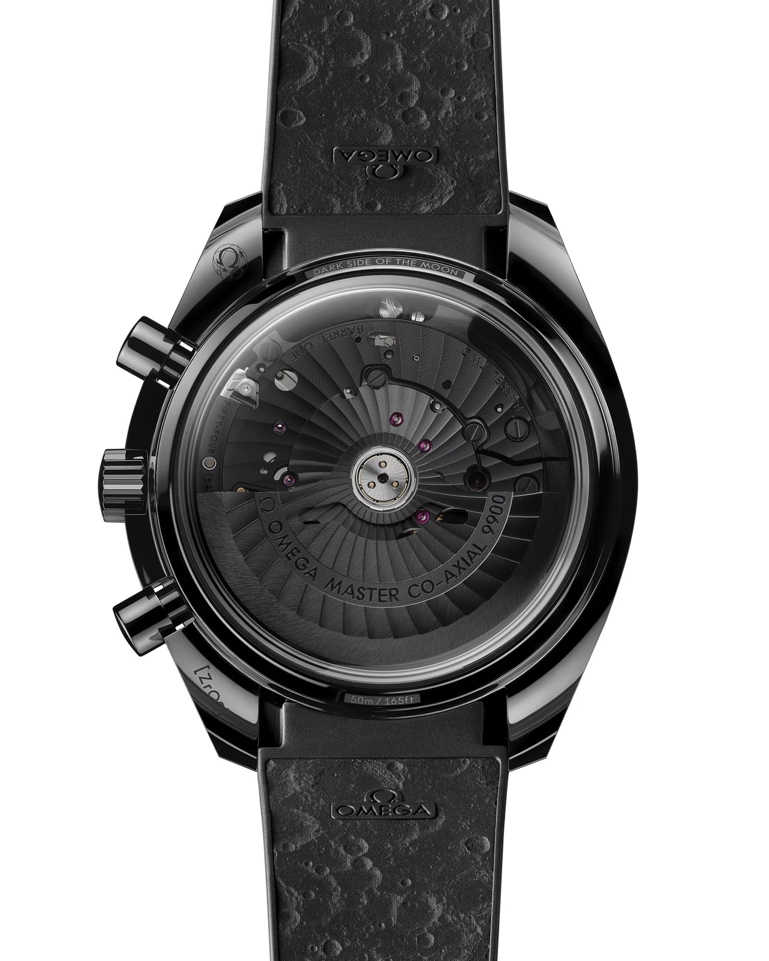 Back of OMEGA Dark Side of The Moon showing back of strap and face