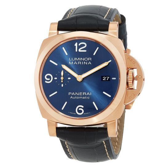 The Panerai Luminor Marina Goldtech™ is a luxury automatic watch featuring a rose gold case, blue dial, black leather strap, date at 3 o’clock, P.9010 calibre, and a 3-day power reserve.