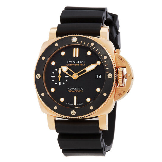 The Panerai Submersible QuarantaQuattro Goldtech™ OroCarbo features a black dial with gold details, date display, P.900 calibre automatic movement, black rubber strap, and is water-resistant to 300 meters (1000 feet).