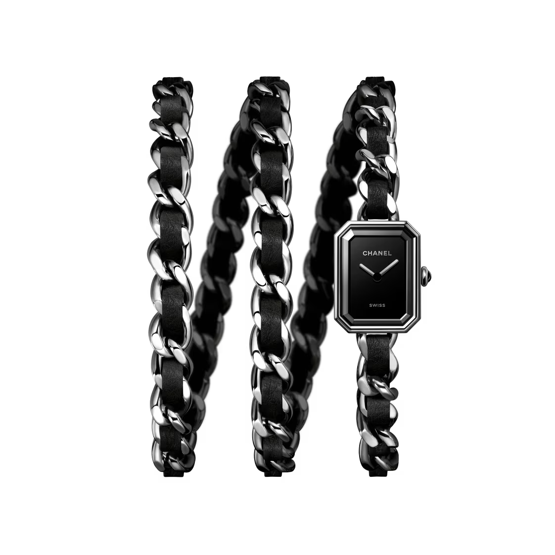 The Chanel Première Iconic Chain watch features black leather, a black-lacquered dial, and a long silver chain-link strap coiled in three loops against a white background.