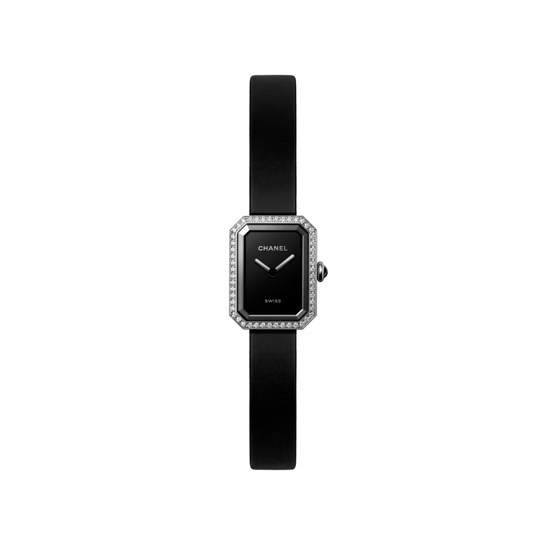 The Chanel Première Ribbon wristwatch features a rectangular black case, diamond-studded bezel, black-lacquered dial with silver hands, and a slim black leather strap, shown on a white background.