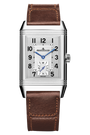 The Jaeger-LeCoultre Reverso Classic Duoface Small Seconds features a rectangular steel case, brown leather strap, black Arabic numerals, blue hands, and a small seconds subdial at 6 o’clock—ideal for tracking two time zones.