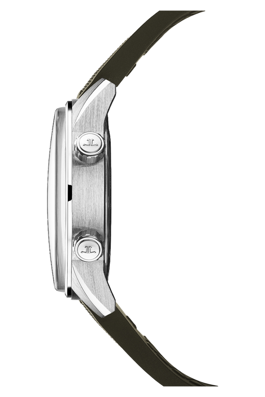 Side profile view of the Jaeger-LeCoultre Polaris Date watch in silver with a round case, metallic side buttons engraved with the logo, and an olive green strap, set against a plain white background.