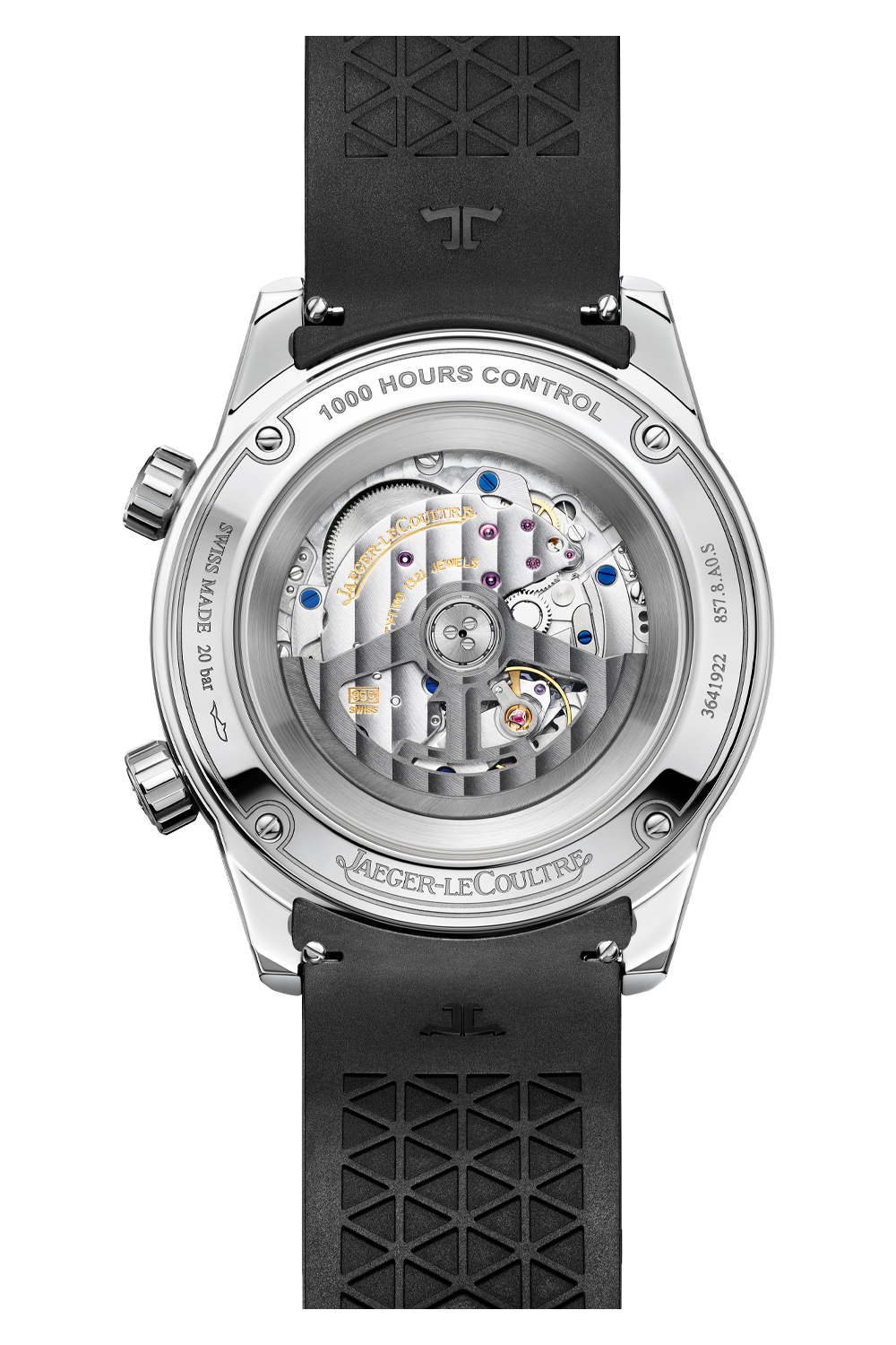 A close-up of the Jaeger-LeCoultre Polaris Date watch back reveals the intricate Calibre 899 movement through a transparent case, fine engravings, and a black textured rubber strap.