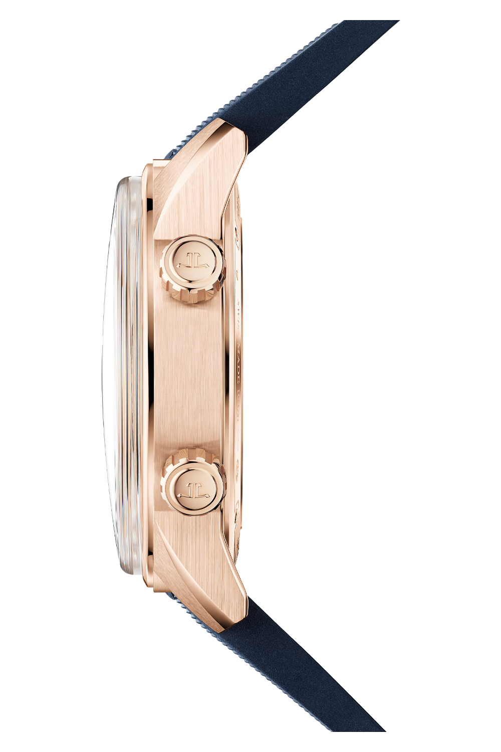 Side view of the Jaeger-LeCoultre Polaris Perpetual Calendar featuring a pink gold case, two engraved crown buttons, domed glass face, and dark blue leather strap against a plain white background.