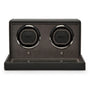 Black double watch winder with two circular watch holders and pull-out base drawer.