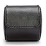 Black leather cylindrical watch roll with flap closure and visible stitching details.