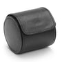 Black leather cylindrical watch roll with curved flap closure and stitched seams.