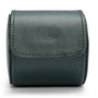 Green leather watch roll with snap closure and contrasting stitching detail.