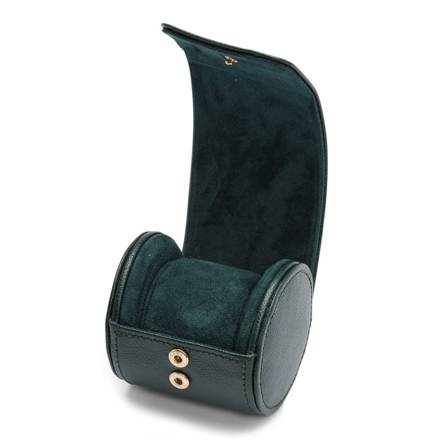 Dark green leather watch roll with gold-tone studs and suede interior, shown unrolled.