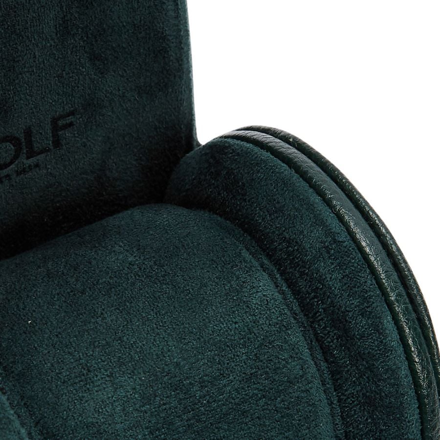 Dark green wool watch roll with black leather trim and zipper closure, rolled cylindrical shape.