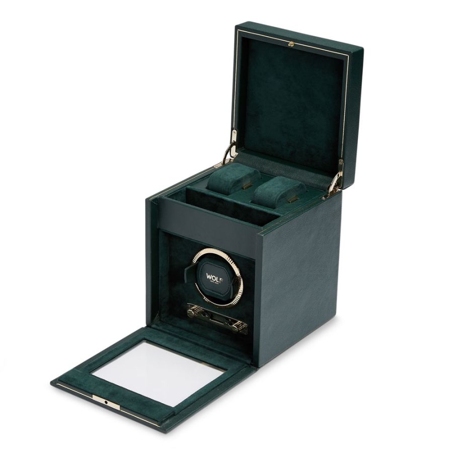 Dark green leather watch winder with single rotating mechanism, storage compartment above, and pull-out drawer at base.