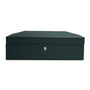 Dark green rectangular watch box with hinged lid and silver lock mechanism.
