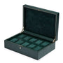 Dark green leather watch box with hinged lid open, displaying 10 green velvet watch pillows inside.