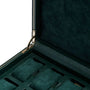 Dark green leather watch box with metal clasp and suede-lined compartments for storing multiple watches.