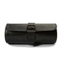Black leather cylindrical watch roll with buckle closure and strap fastener.